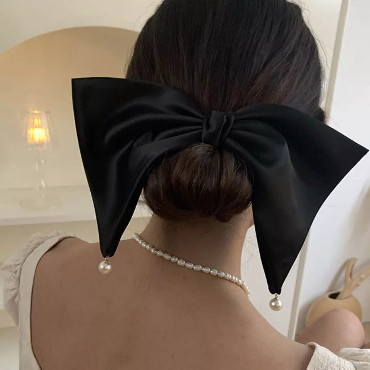 Satin Pearl Bow Hair Clip elegant hairstyle