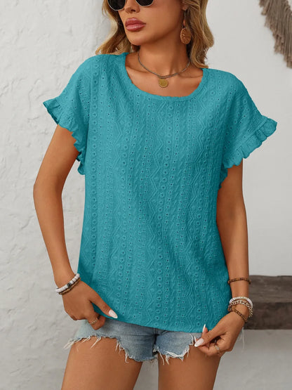 Mandy Eyelet Round Neck Top frill accent