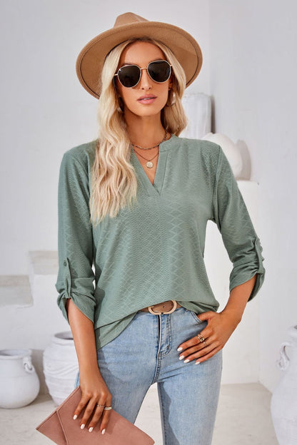 V-Neck Roll-Tap Sleeve Blouse casual outfit