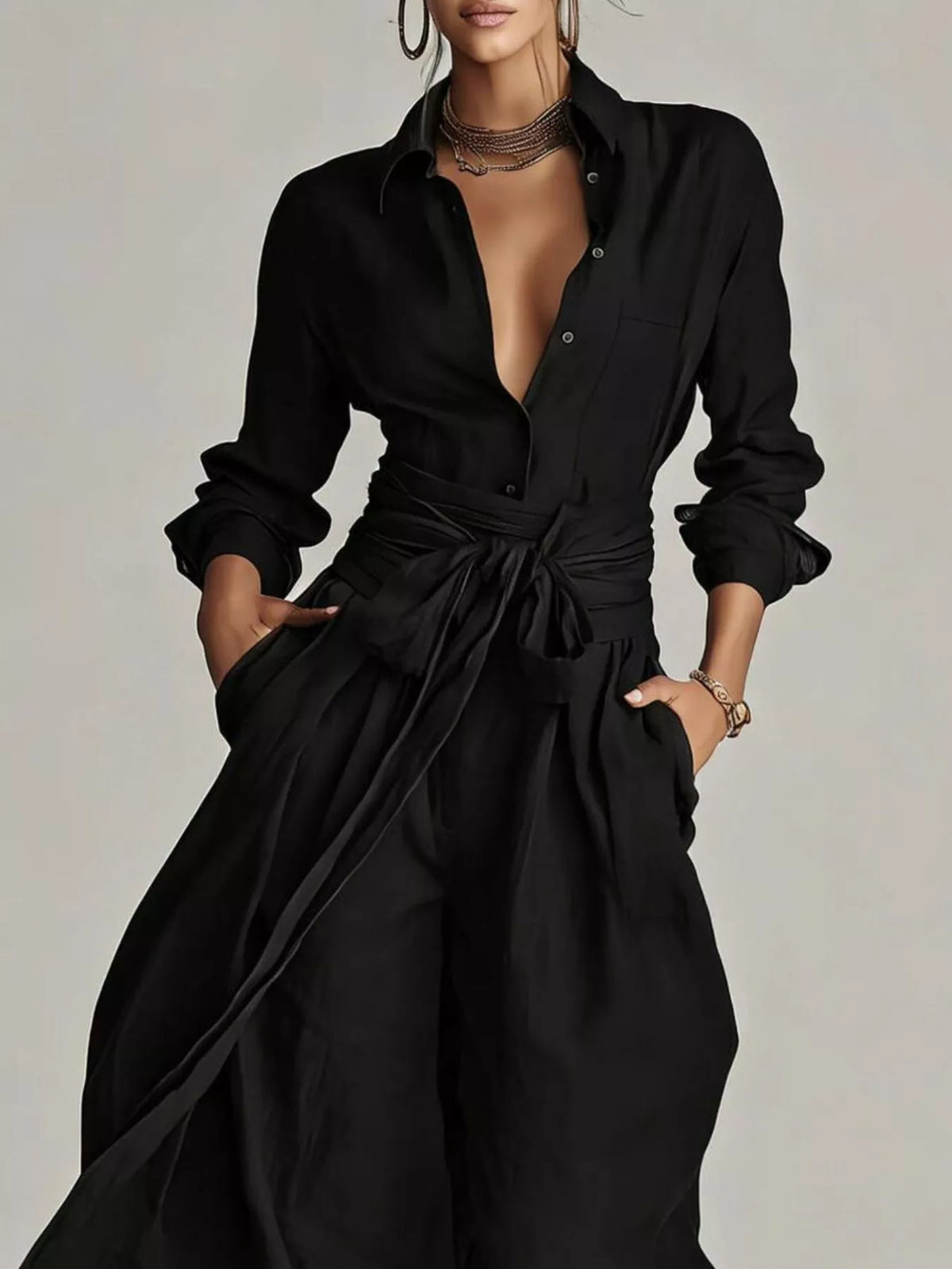 Back view of a woman wearing a Long-Sleeve Waist-Tie Jumpsuit in brown, showcasing its elegant design.