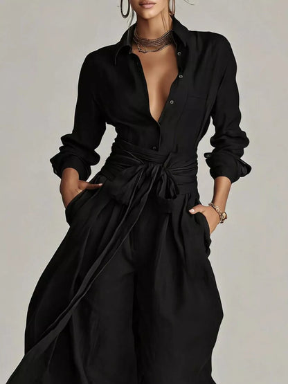 Back view of a woman wearing a Long-Sleeve Waist-Tie Jumpsuit in brown, showcasing its elegant design.