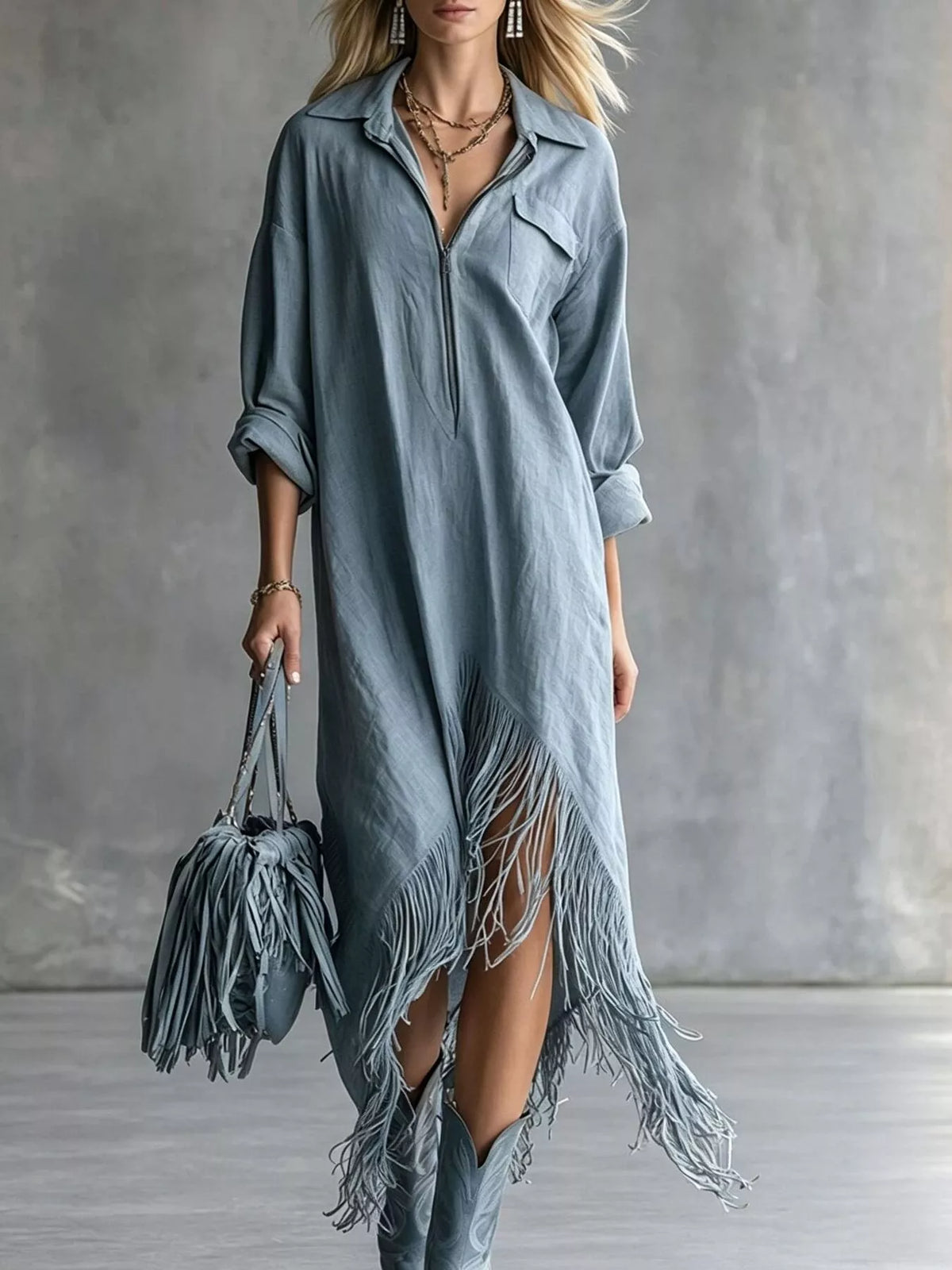 Fringe Hem Zip-Up Shirt Dress women&