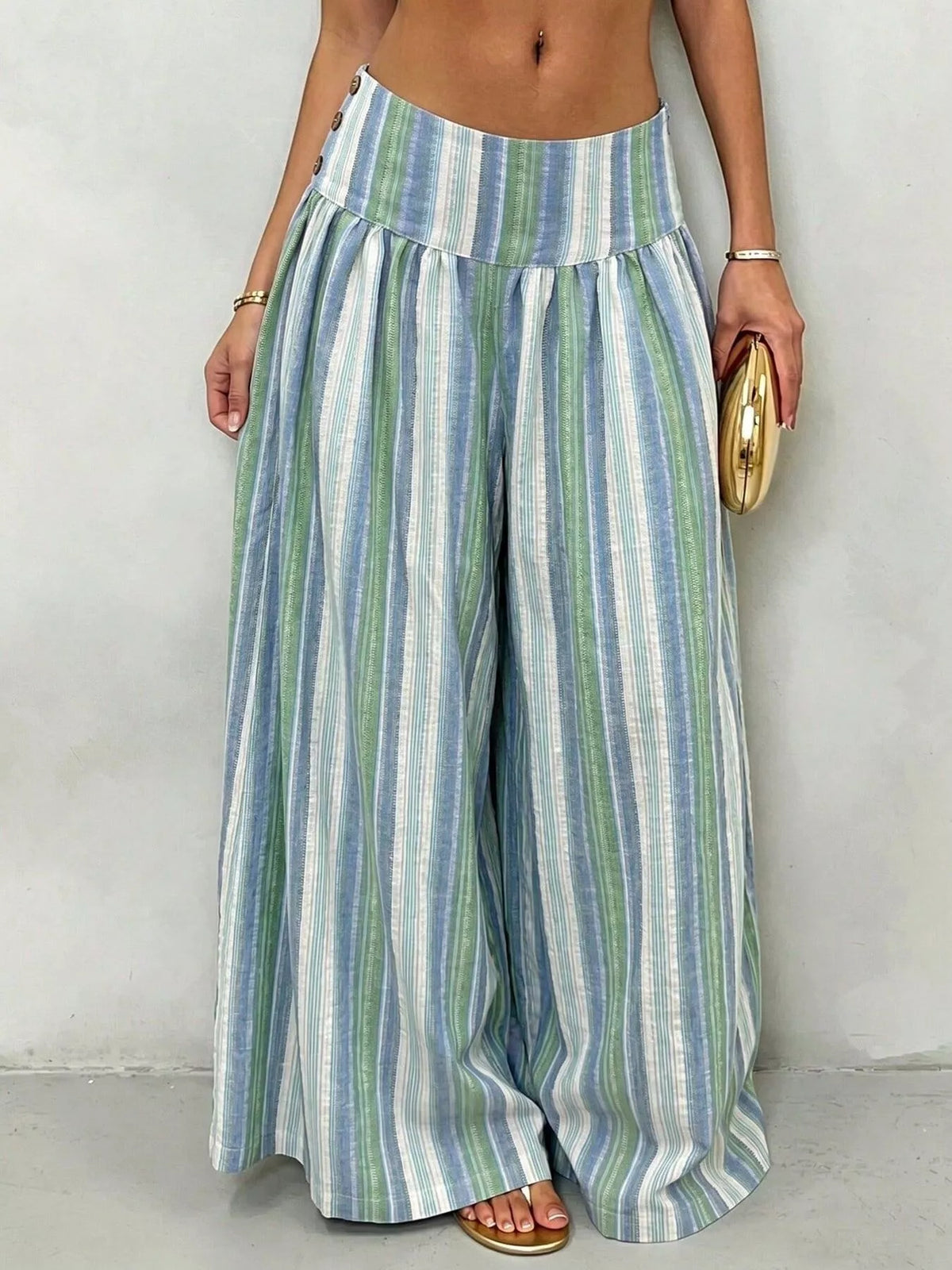 High-Waisted Striped Wide-Leg Pants in pink and green stripes, featuring a wide-leg design and flattering high waist.