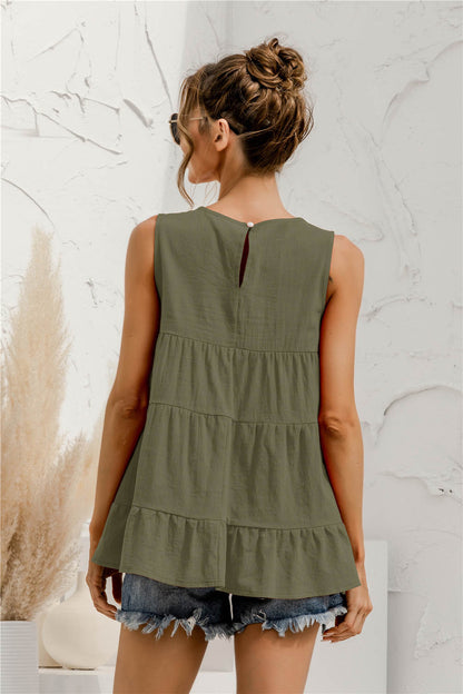 Round Neck Tiered Tank Top round neckline
