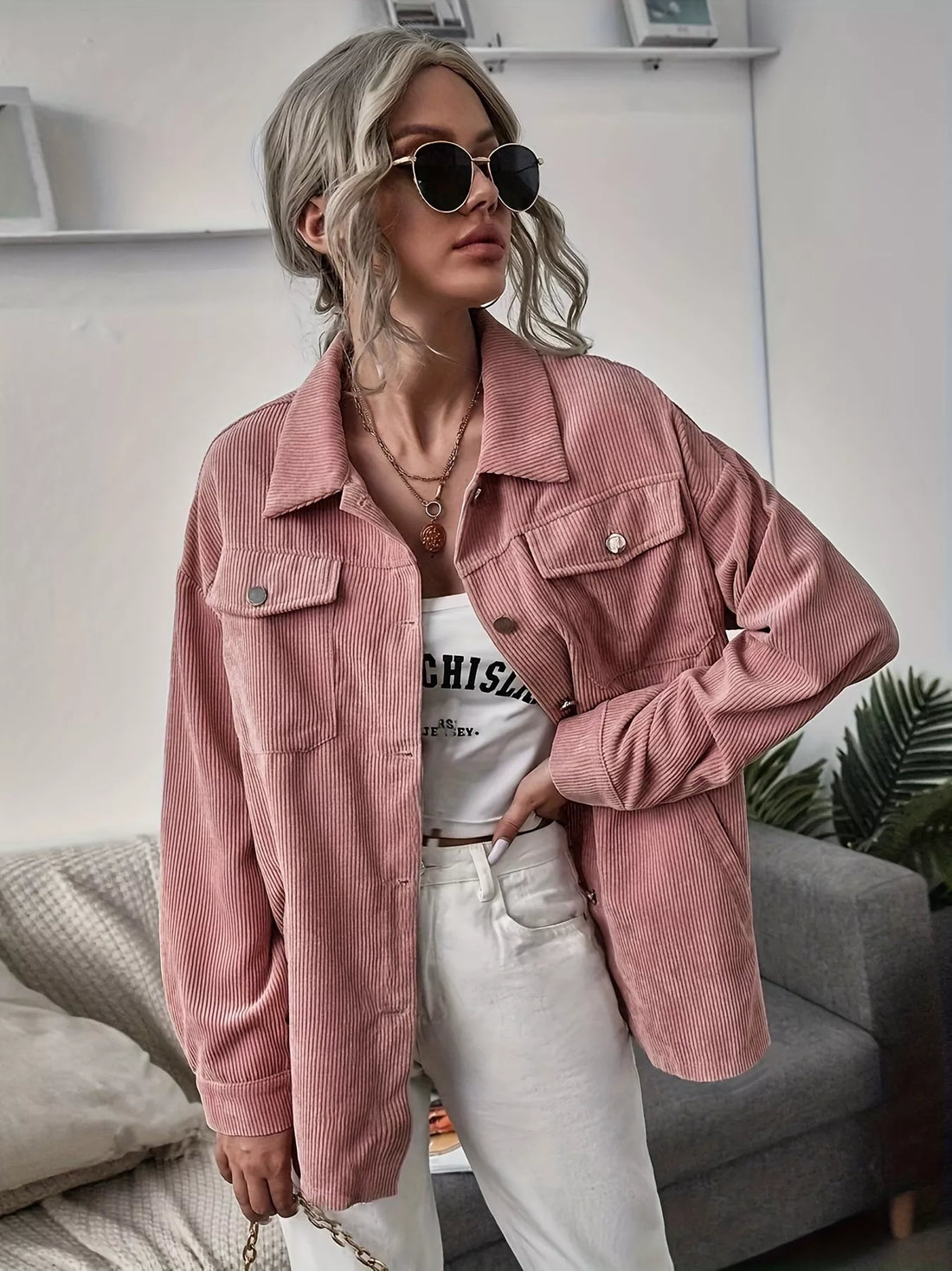 Casual Corduroy Shacket women&