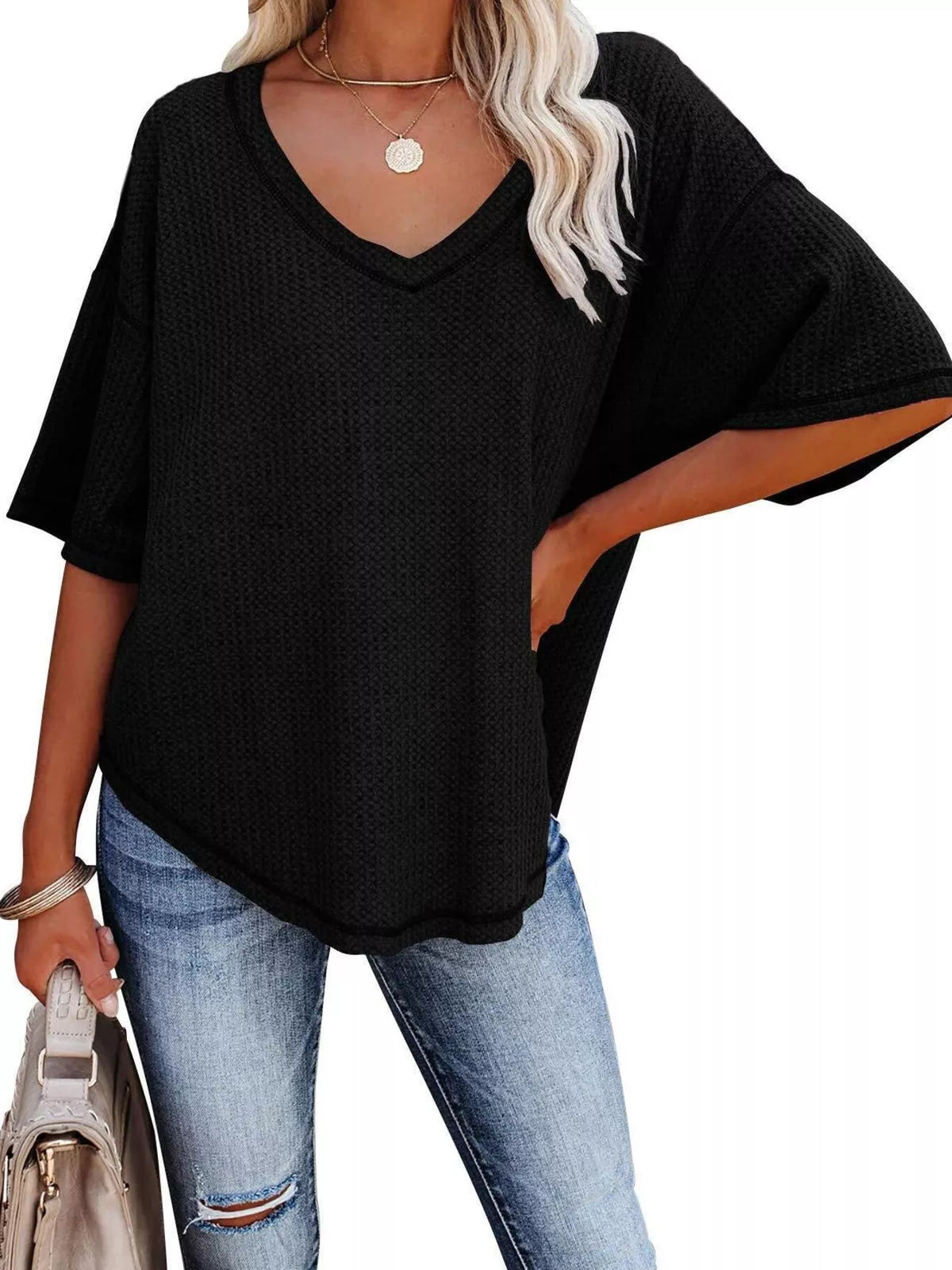 Waffle knit v-neck t-shirt casual outfit