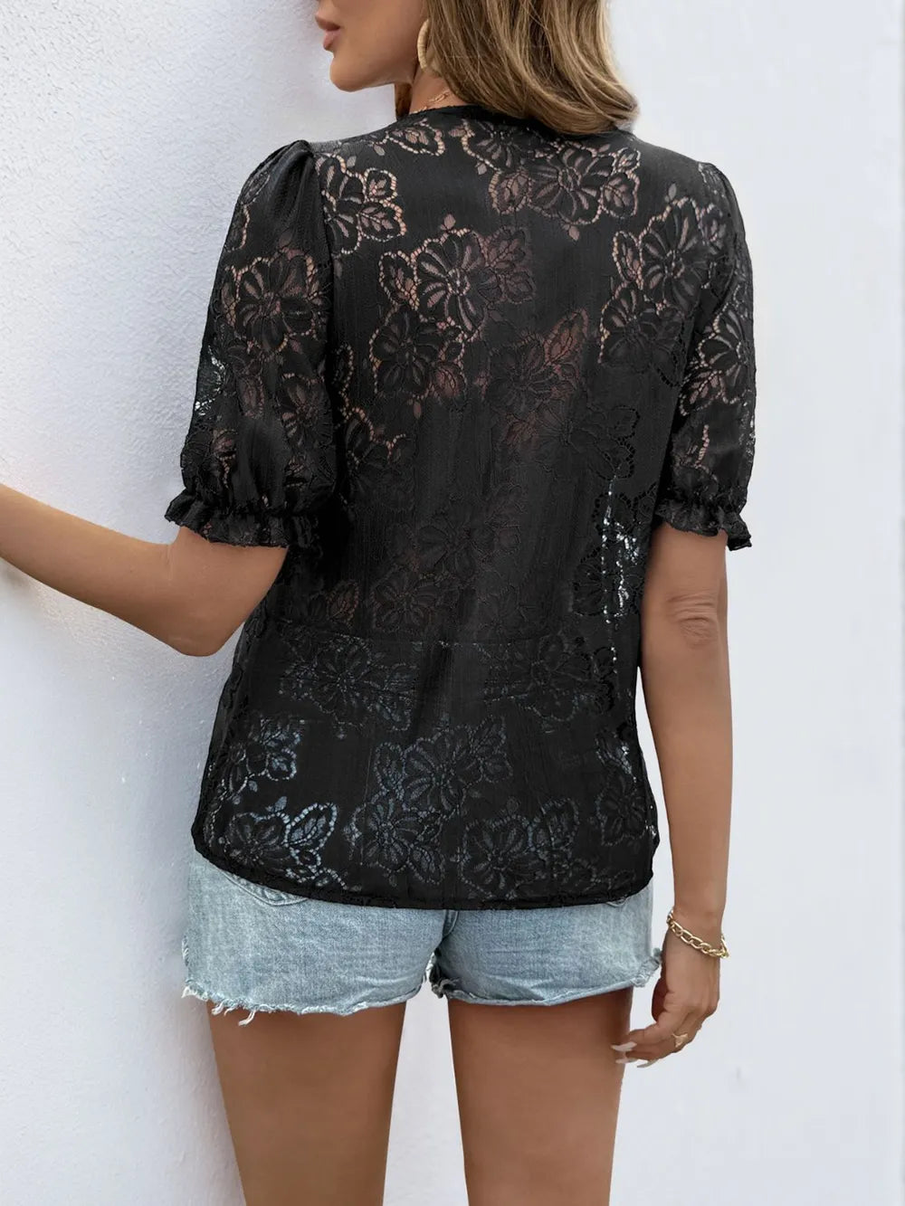 Perfee Lace Button Down Short Sleeve Shirt lace detail