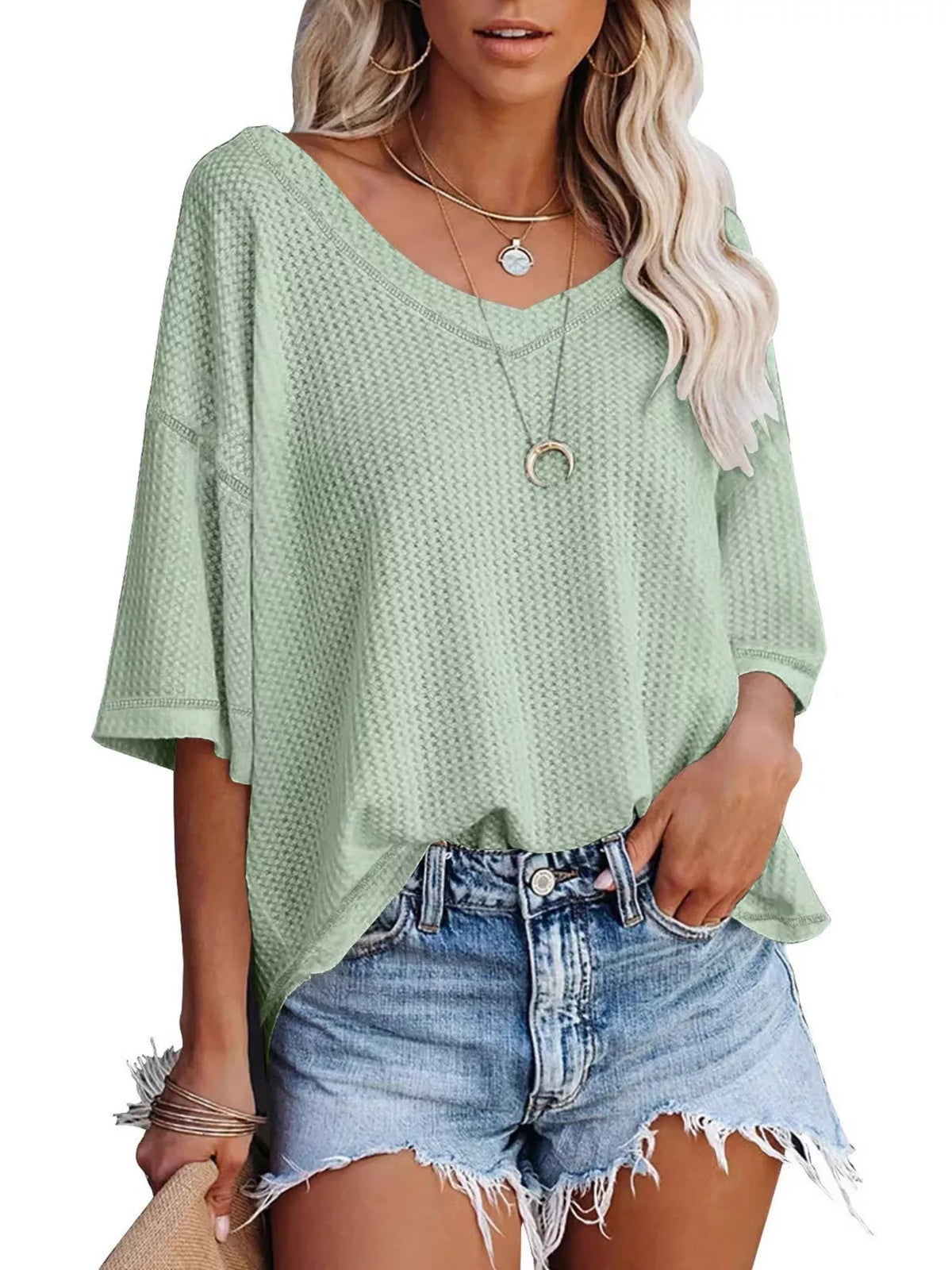 Waffle knit v-neck t-shirt casual outfit