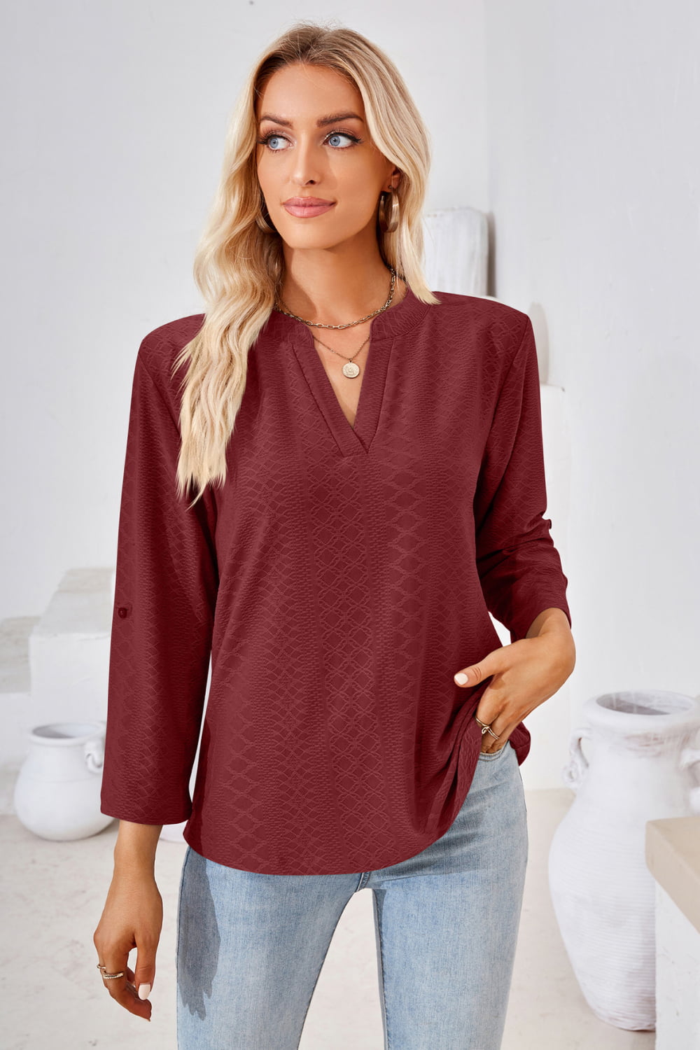 V-Neck Roll-Tap Sleeve Blouse casual outfit