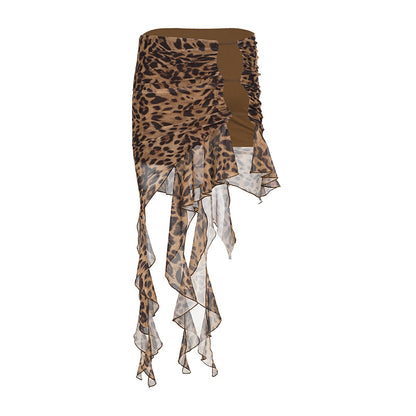 Leopard Print Hollow-Out Skirt asymmetrical design