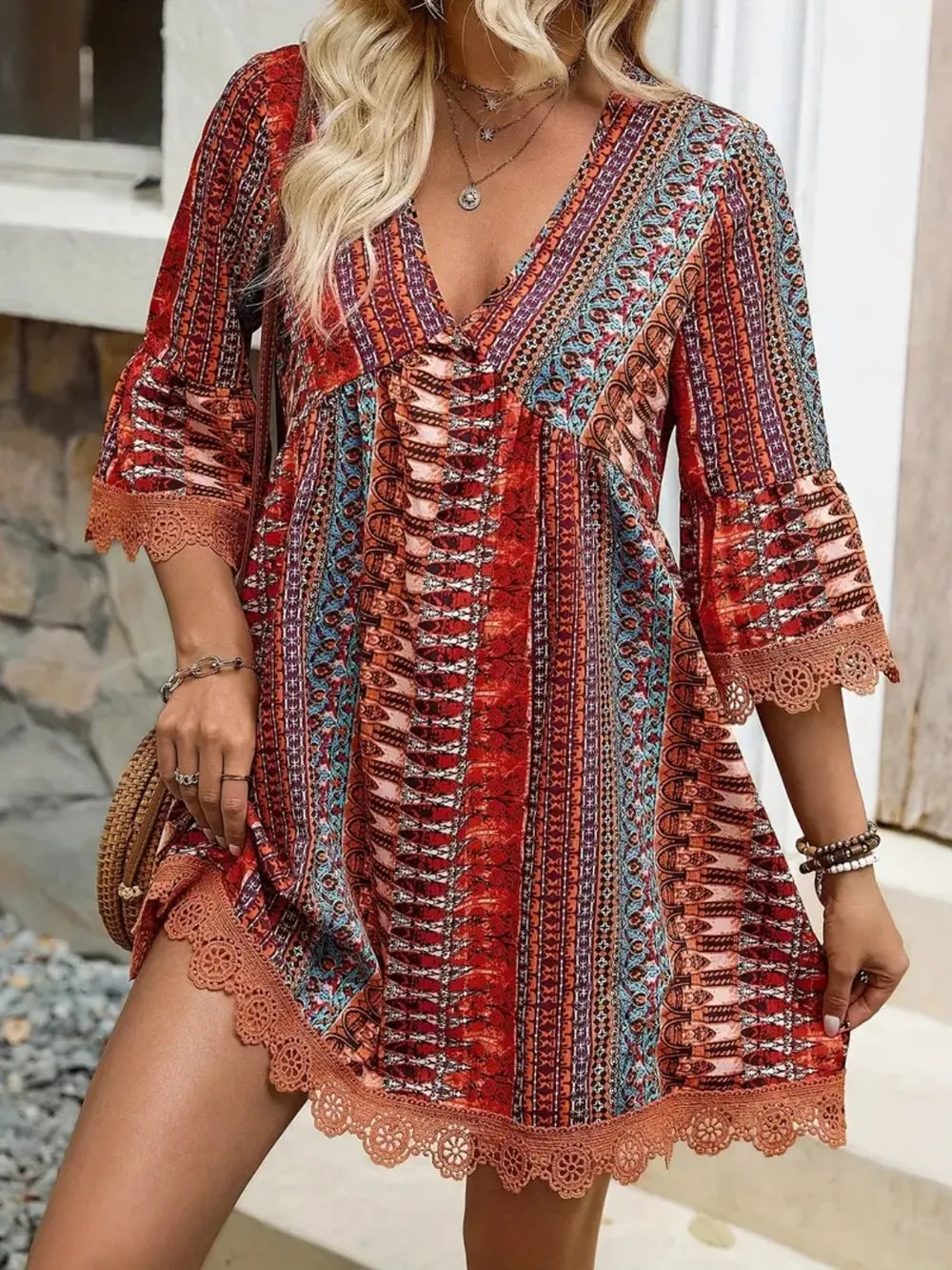 Lace trim v-neck dress full length view