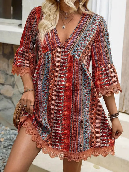 Lace trim v-neck dress full length view