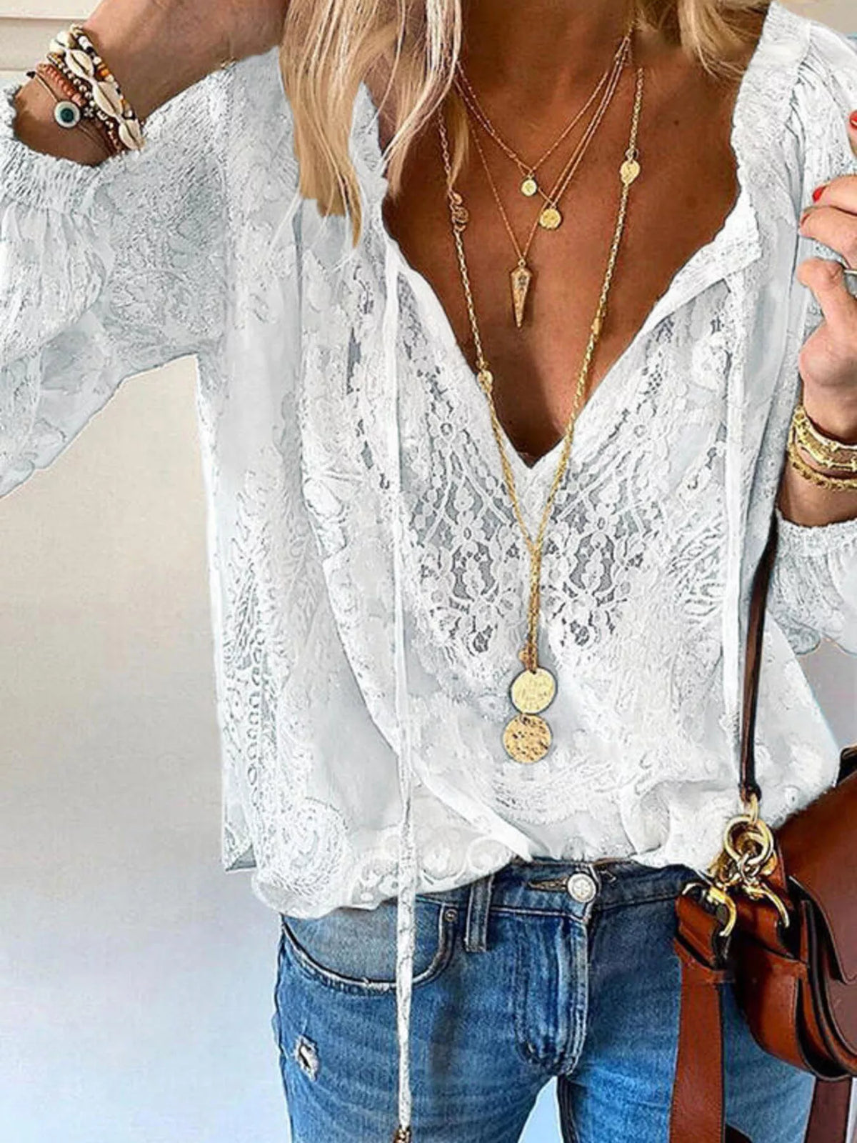 Elegant Lace Neck Blouse khaki style
