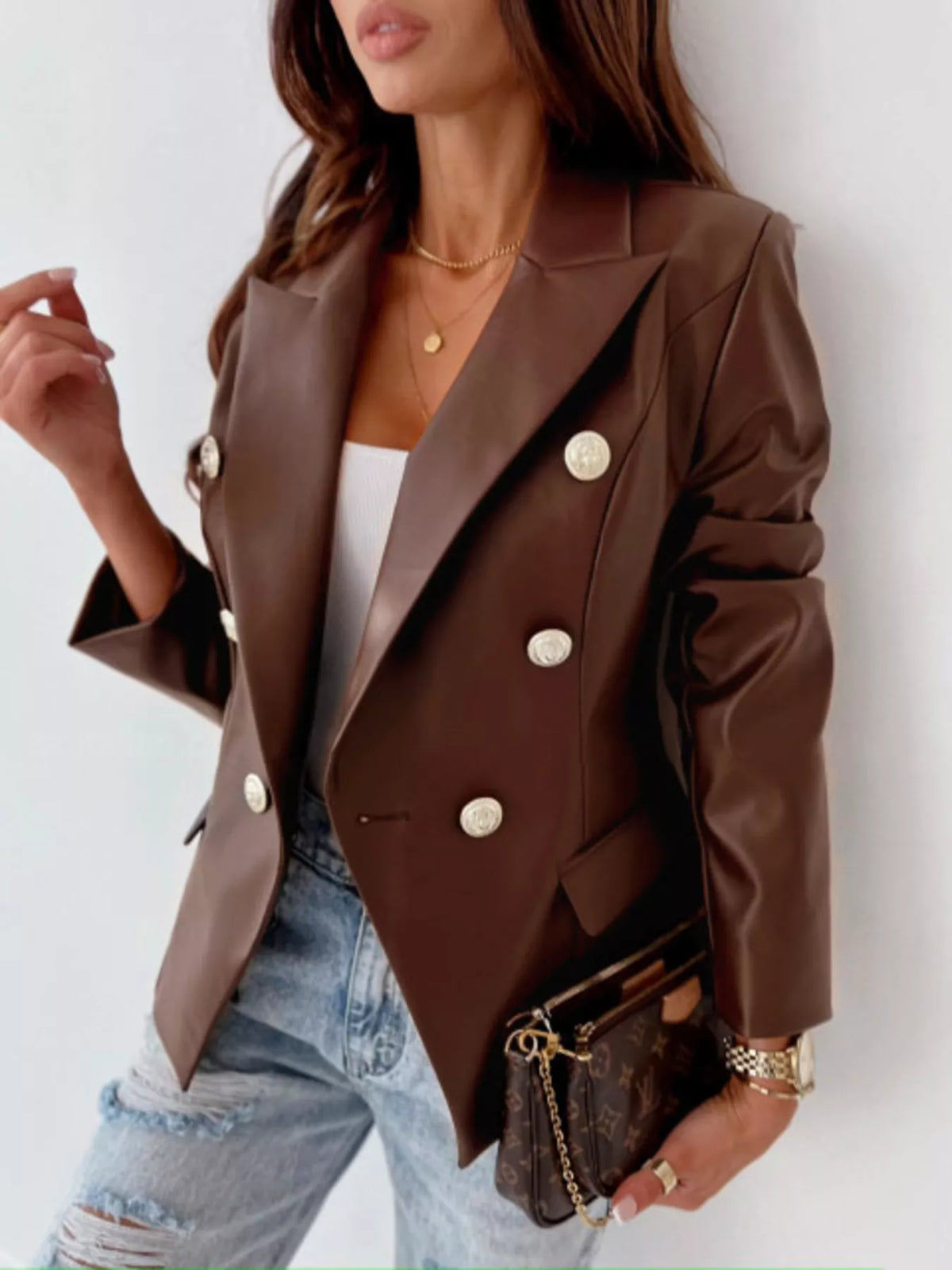 Lapel Collar Leather Blazer double-breasted design