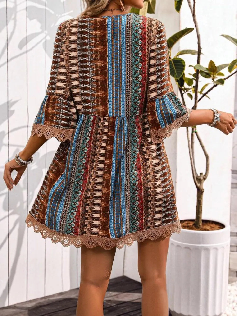 Lace trim v-neck dress full length view