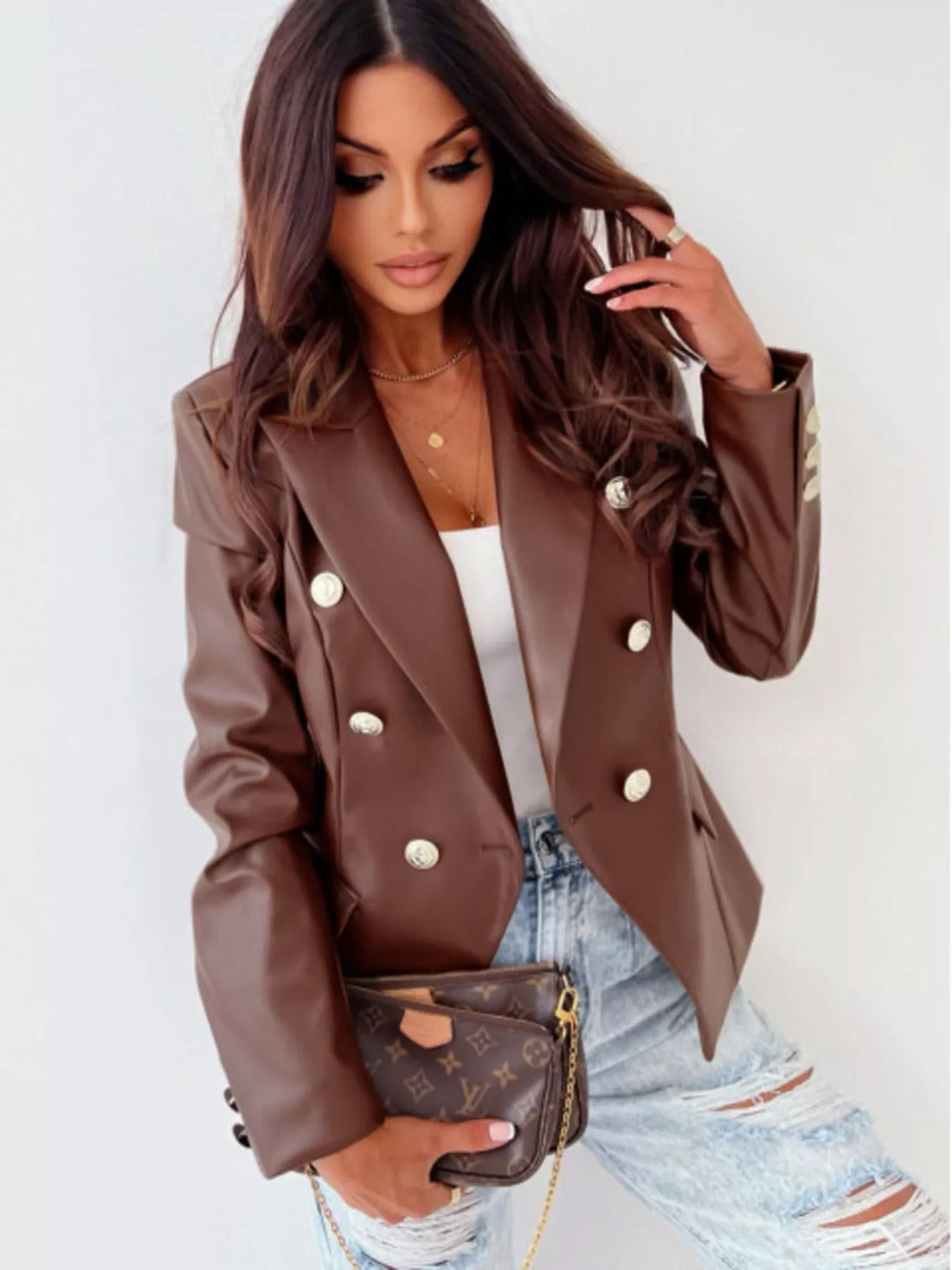 Lapel Collar Leather Blazer double-breasted design