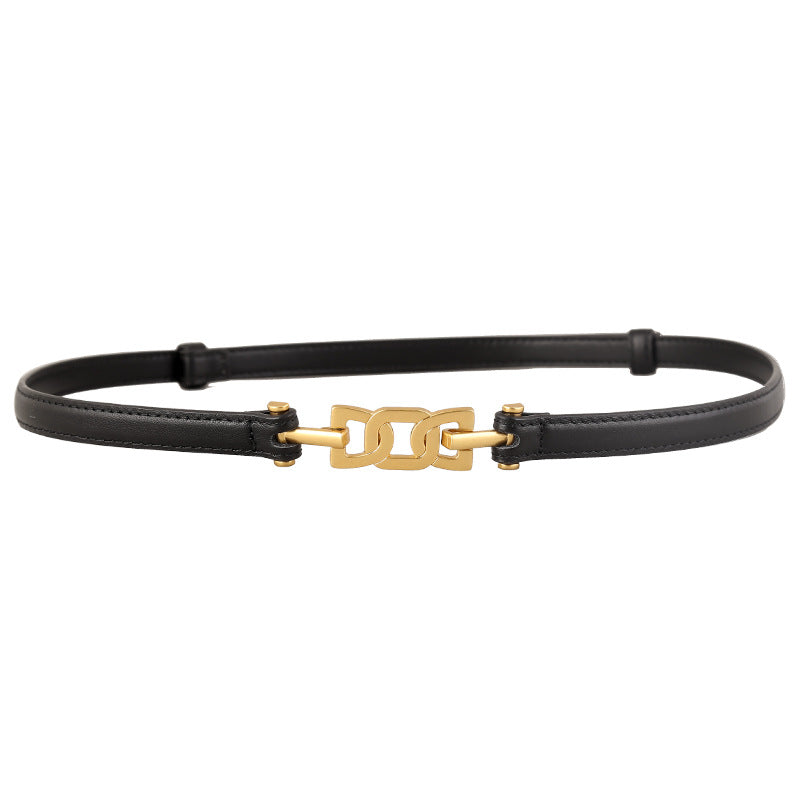 Gold Buckle Skinny Leather Belt showcased in black leather with a stylish gold buckle design.