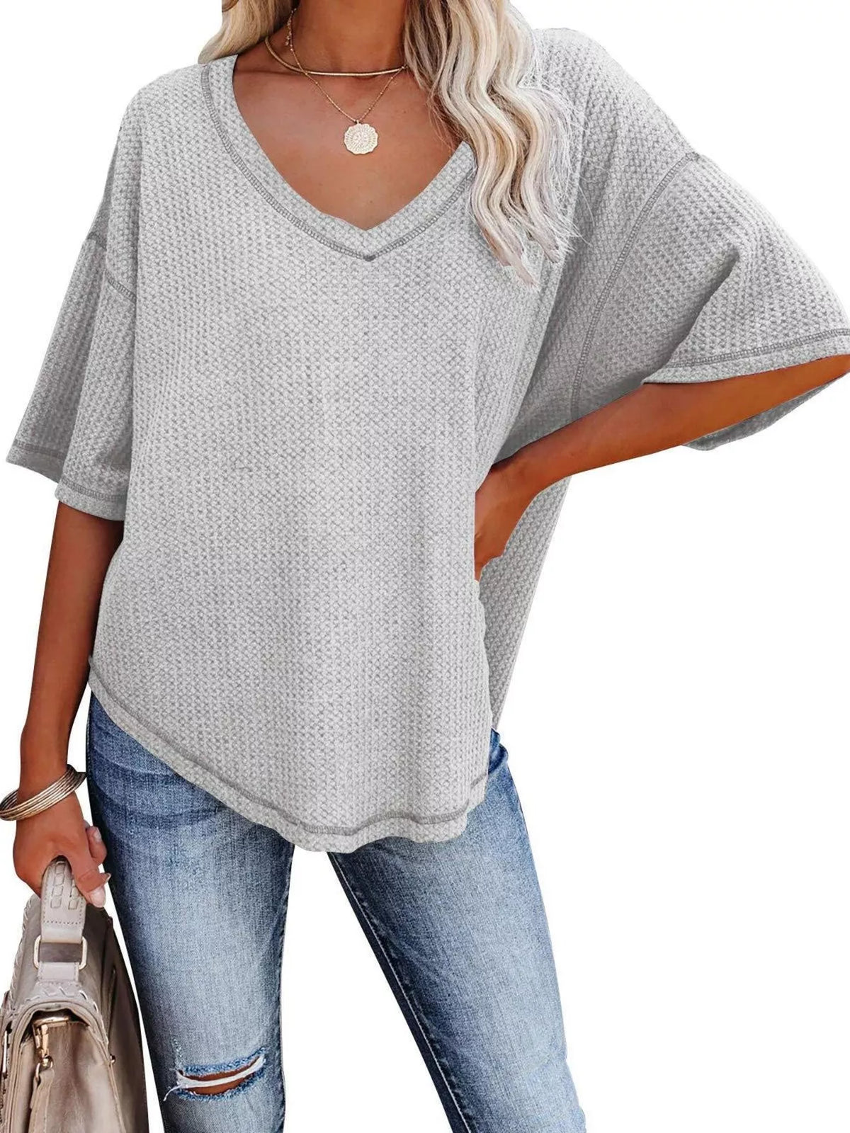 Waffle knit v-neck t-shirt casual outfit