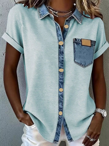 Denim Trim Short Sleeve Shirt buttoned front