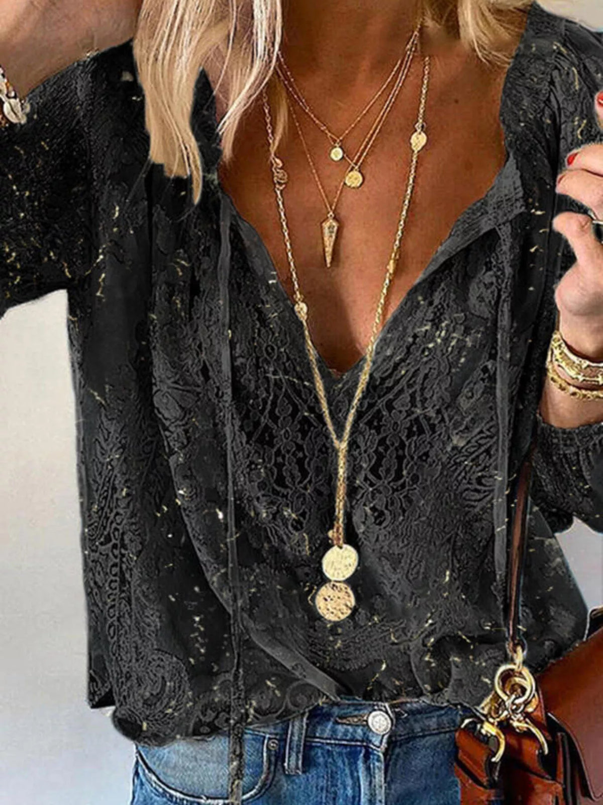 Elegant Lace Neck Blouse khaki style