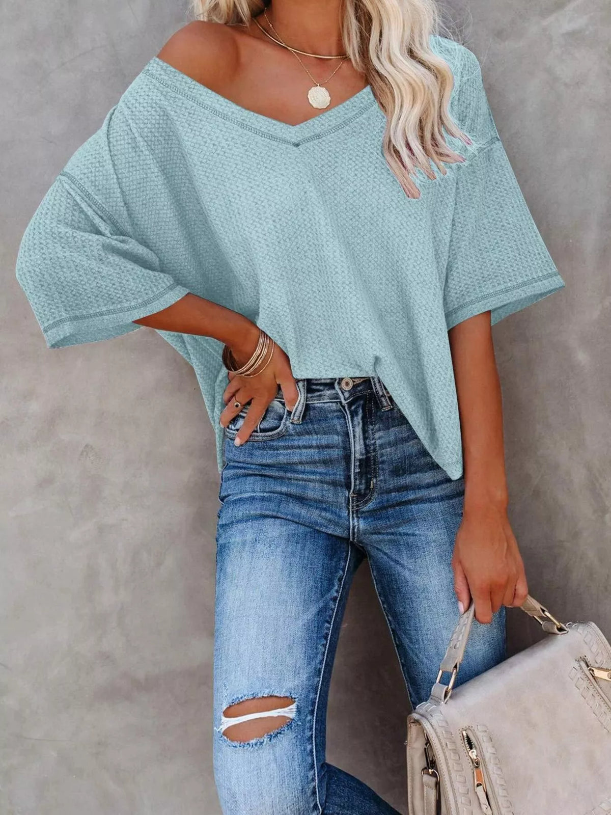 Waffle knit v-neck t-shirt casual outfit