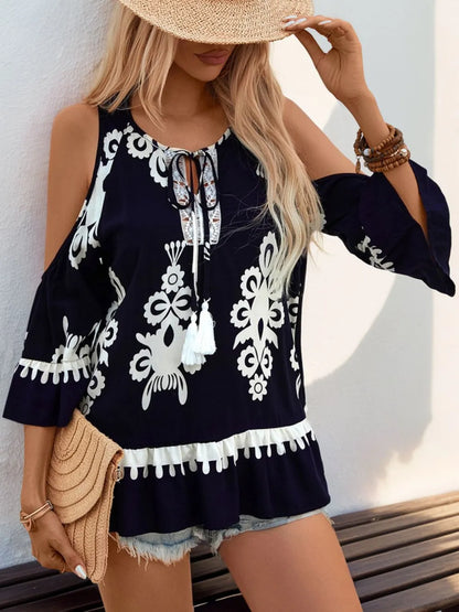 Tassel Tie Neck Cold Shoulder Blouse styled outfit