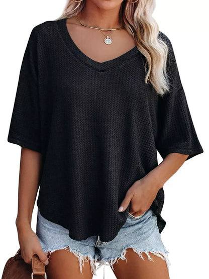 Waffle knit v-neck t-shirt casual outfit