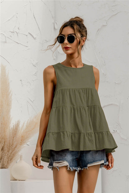 Round Neck Tiered Tank Top round neckline