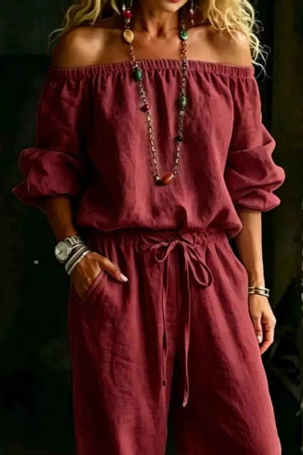 Elevate Your Style with Our Plus Size Off-Shoulder Set: Chic Top &amp; Pants Combo