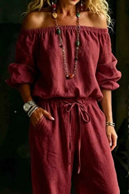 Elevate Your Style with Our Plus Size Off-Shoulder Set: Chic Top &amp; Pants Combo