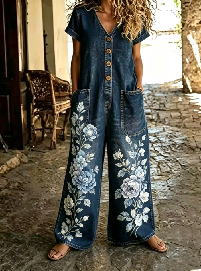 Casual Buttoned Jumpsuit featuring a wide-leg style, denim fabric, and colorful floral embroidery.