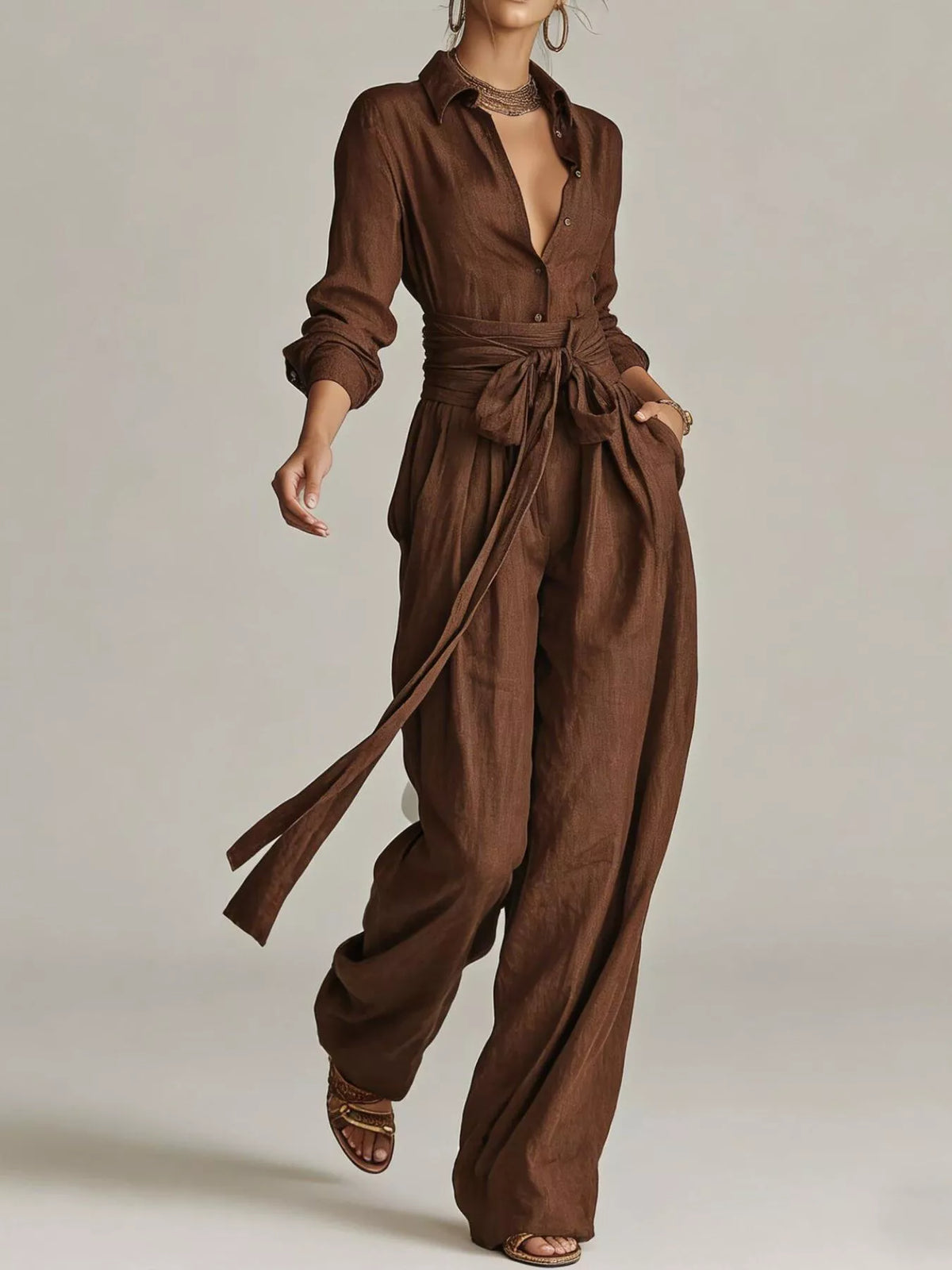 Back view of a woman wearing a Long-Sleeve Waist-Tie Jumpsuit in brown, showcasing its elegant design.