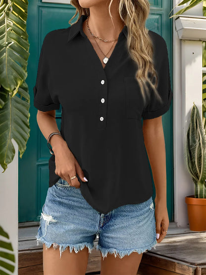 Perfee Johnny Collar Half Sleeve Blouse half sleeve detail