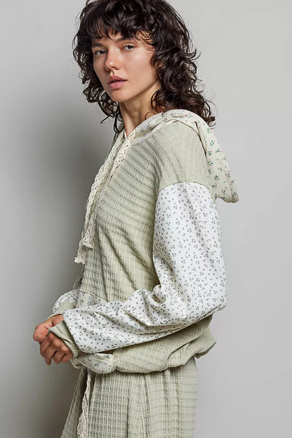 Cozy Contrast Print Hoodie contrast print sleeves