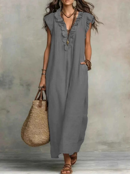 Plus size ruffled maxi dress with V-neck