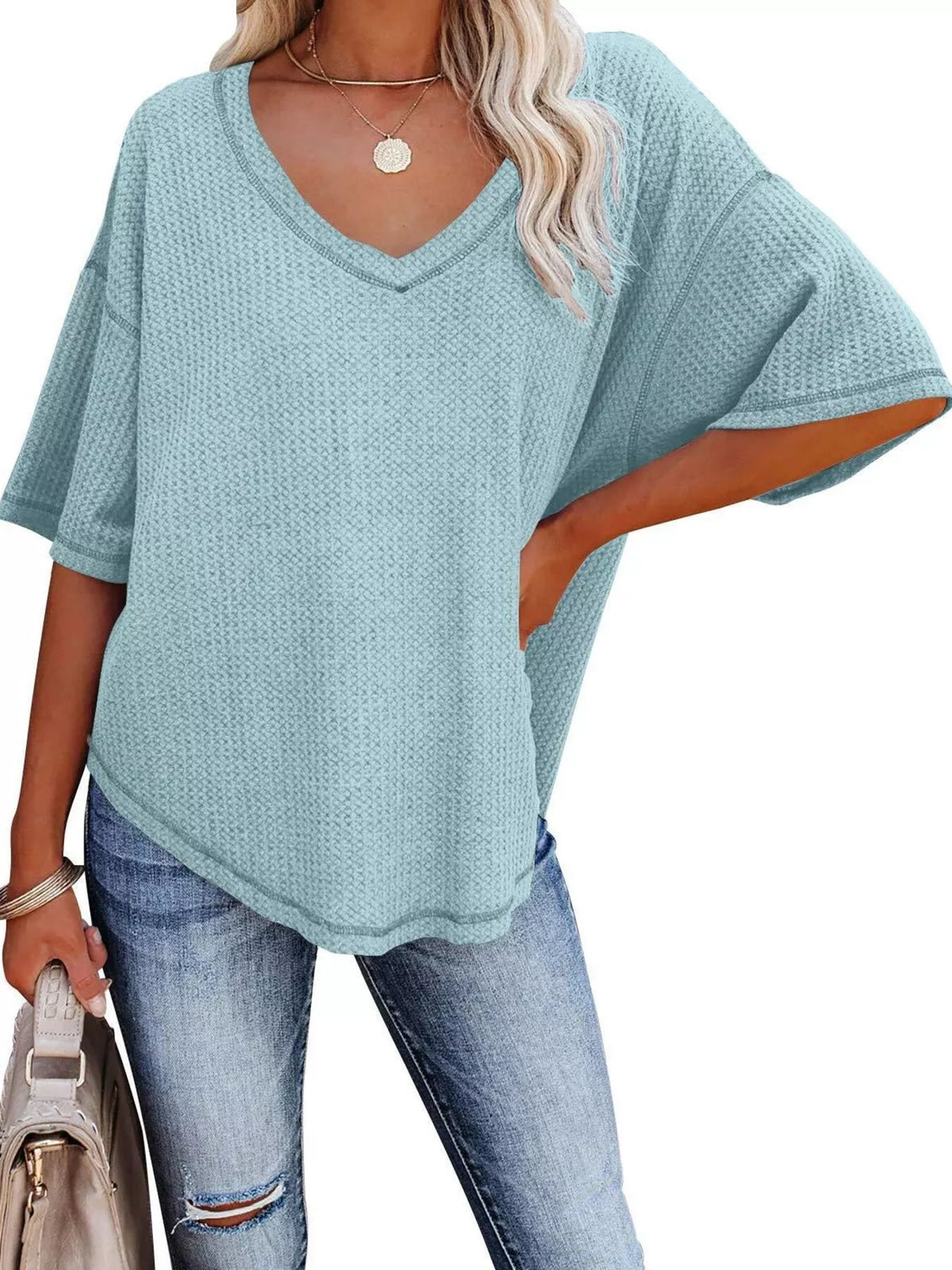 Waffle knit v-neck t-shirt casual outfit