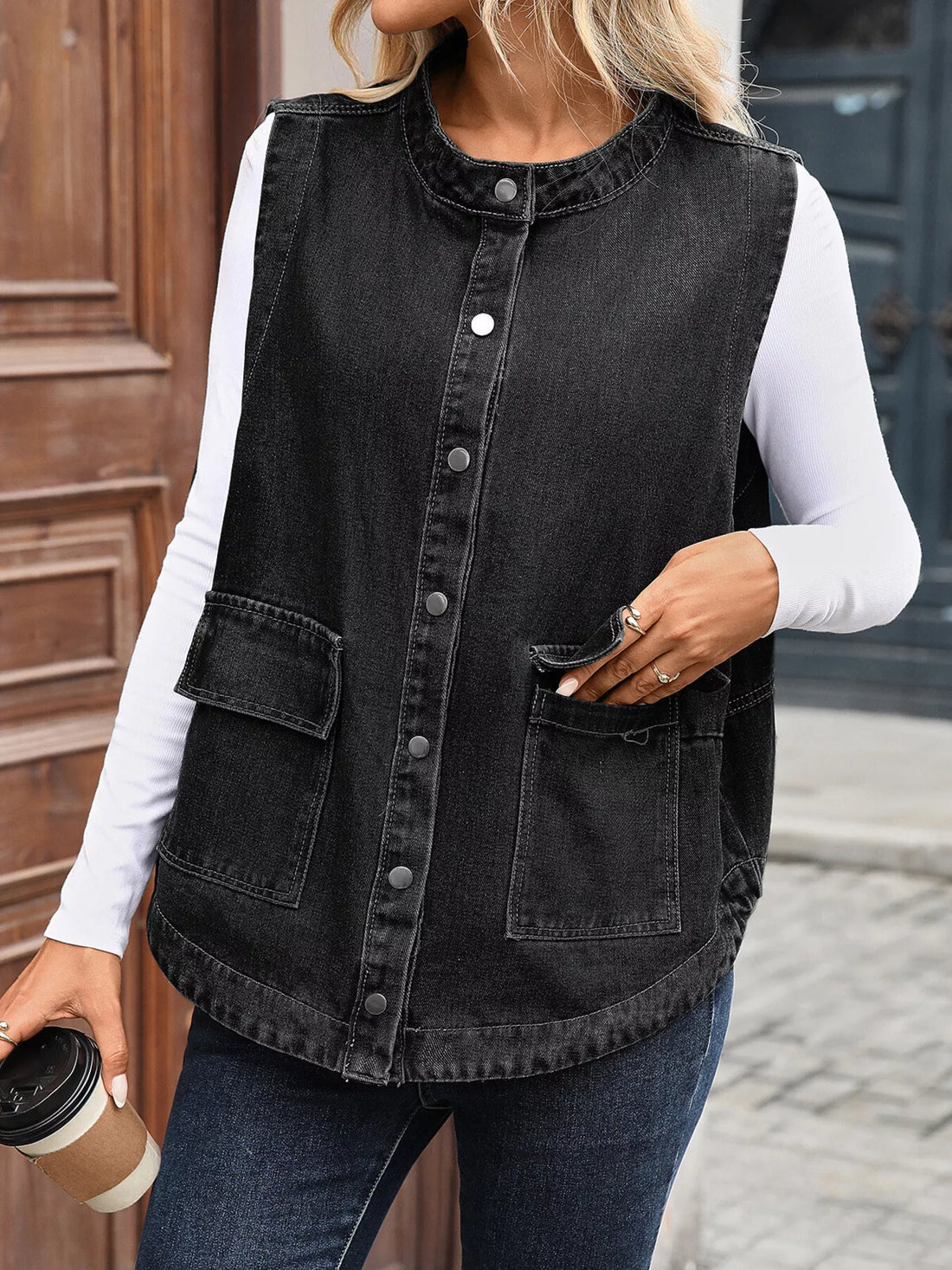 Snap Down Sleeveless Denim Jacket 