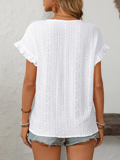Mandy Eyelet Round Neck Top frill accent