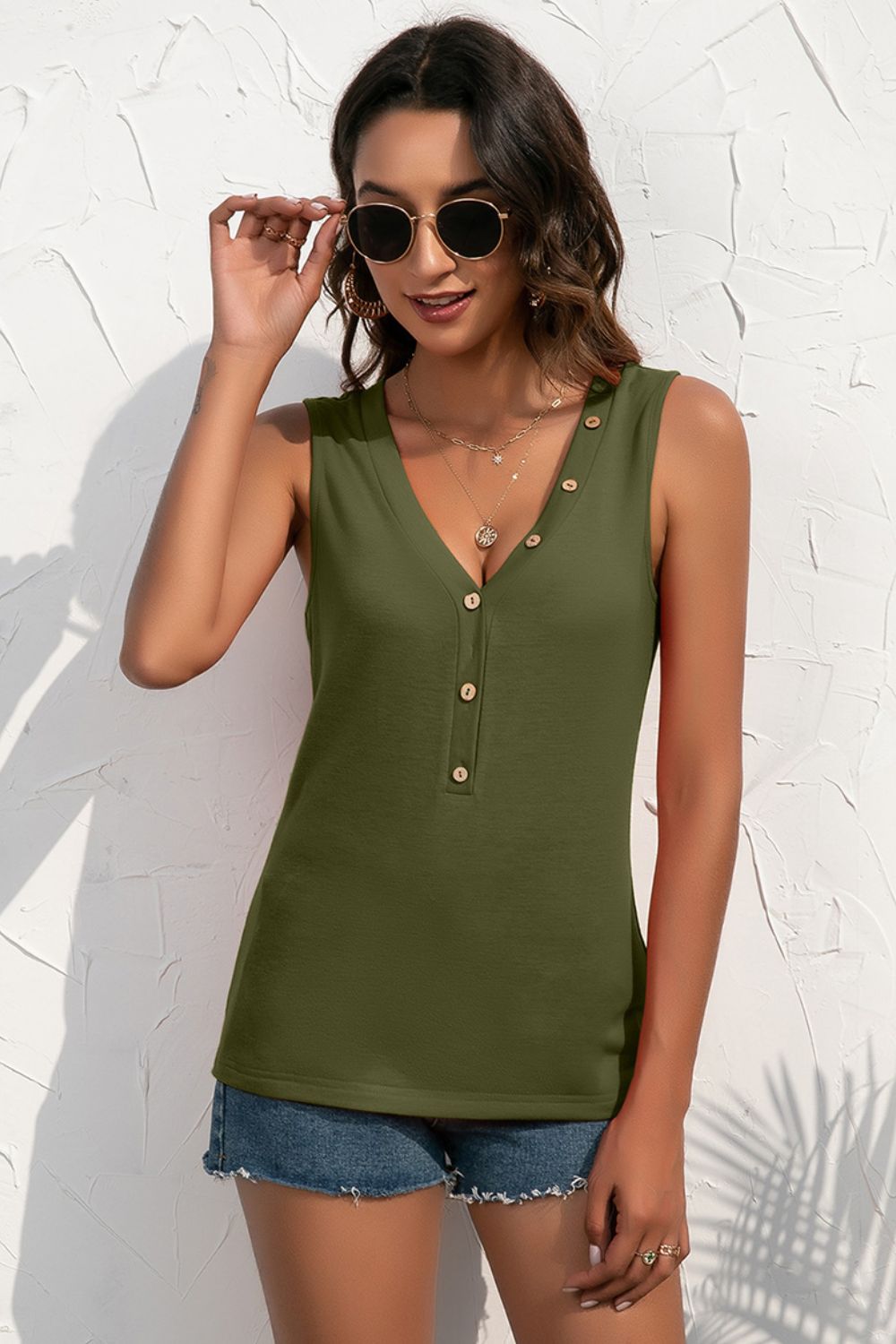 Ivy Lane Deep V Tank decorative button detail