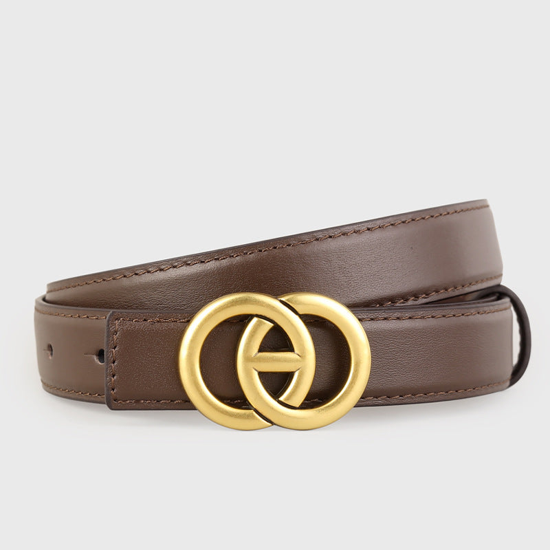 Double Circle Buckle Leather Belt showcasing a stylish cowhide design with a gold buckle.