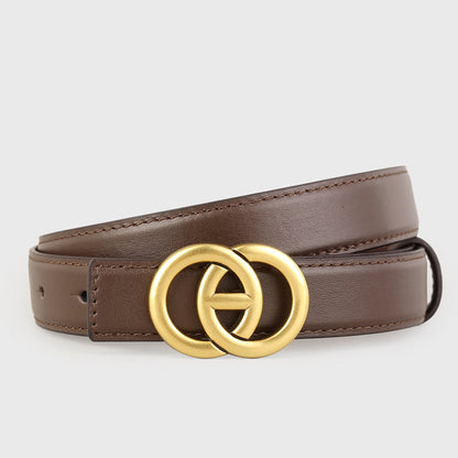 Double Circle Buckle Leather Belt showcasing a stylish cowhide design with a gold buckle.