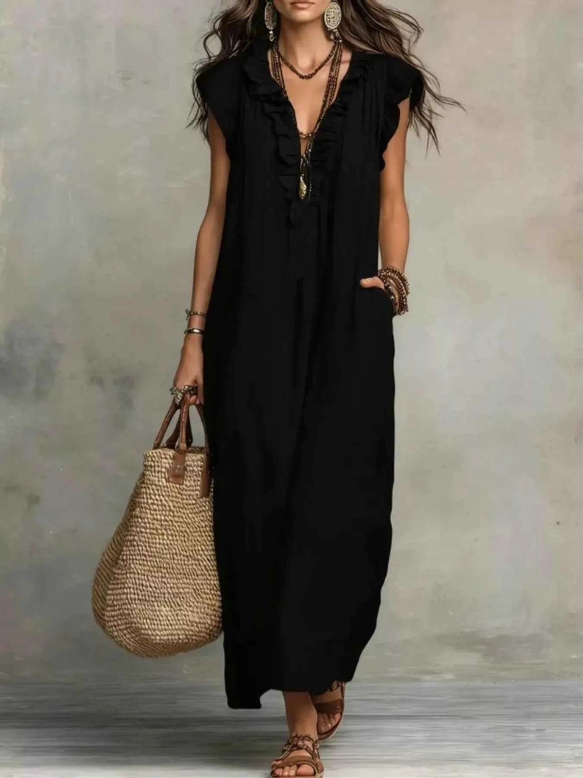 Plus size ruffled maxi dress with V-neck