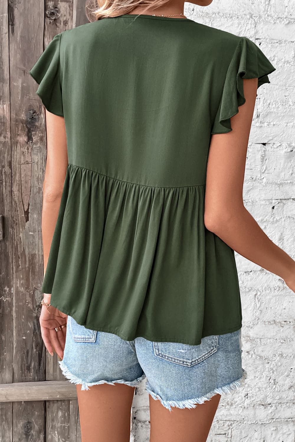 Buttoned Tie Neck Babydoll Top casual outfit