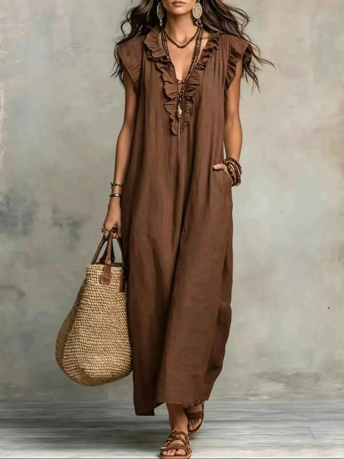 Plus size ruffled maxi dress with V-neck