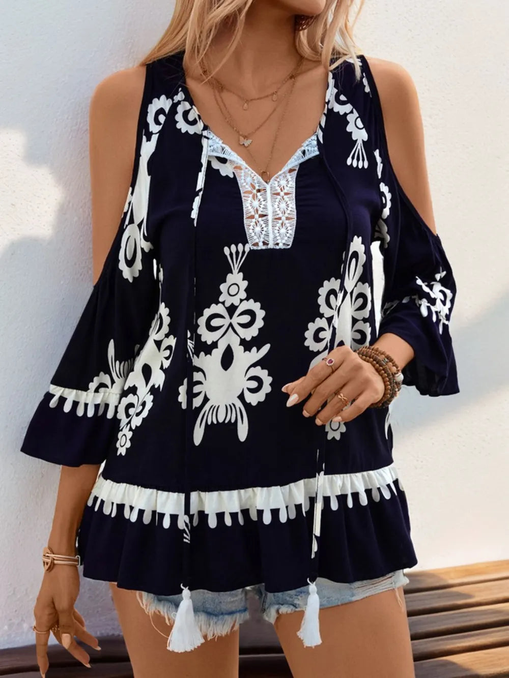 Tassel Tie Neck Cold Shoulder Blouse styled outfit