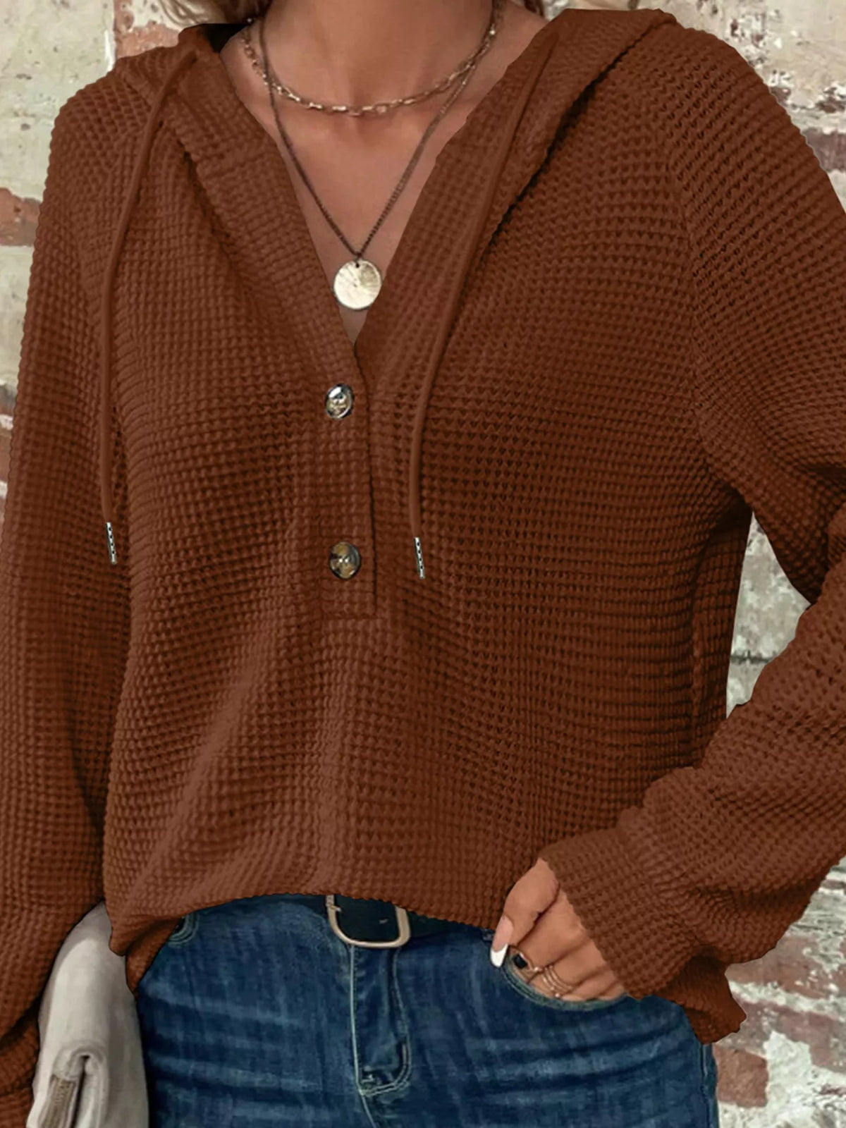 Casual Waffle Knit Hoodie waffle knit texture