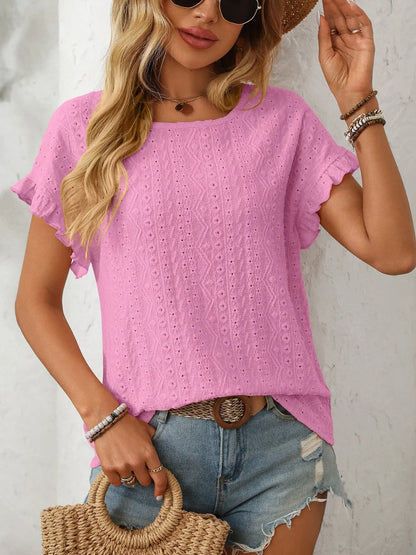 Mandy Eyelet Round Neck Top frill accent