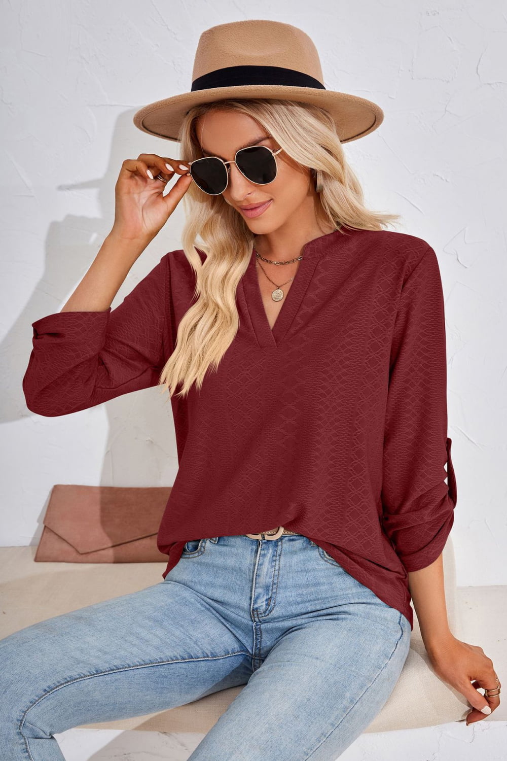 V-Neck Roll-Tap Sleeve Blouse casual outfit