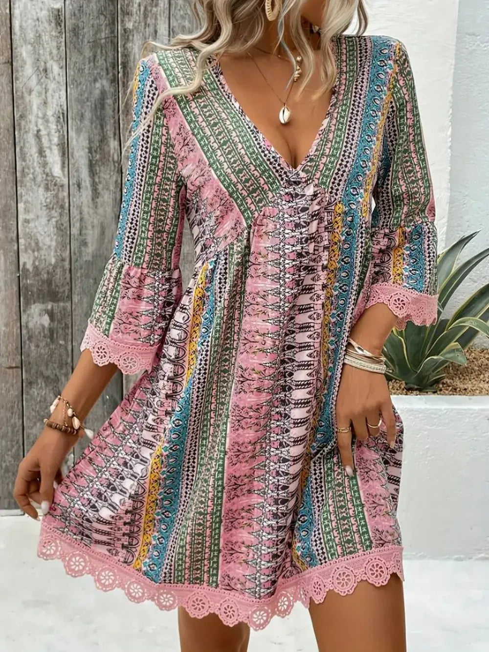 Lace trim v-neck dress full length view