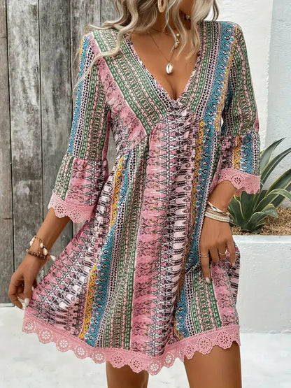 Lace trim v-neck dress full length view